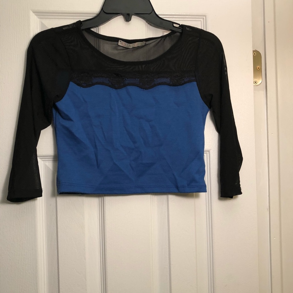 Black and blue crop top with sheer lace